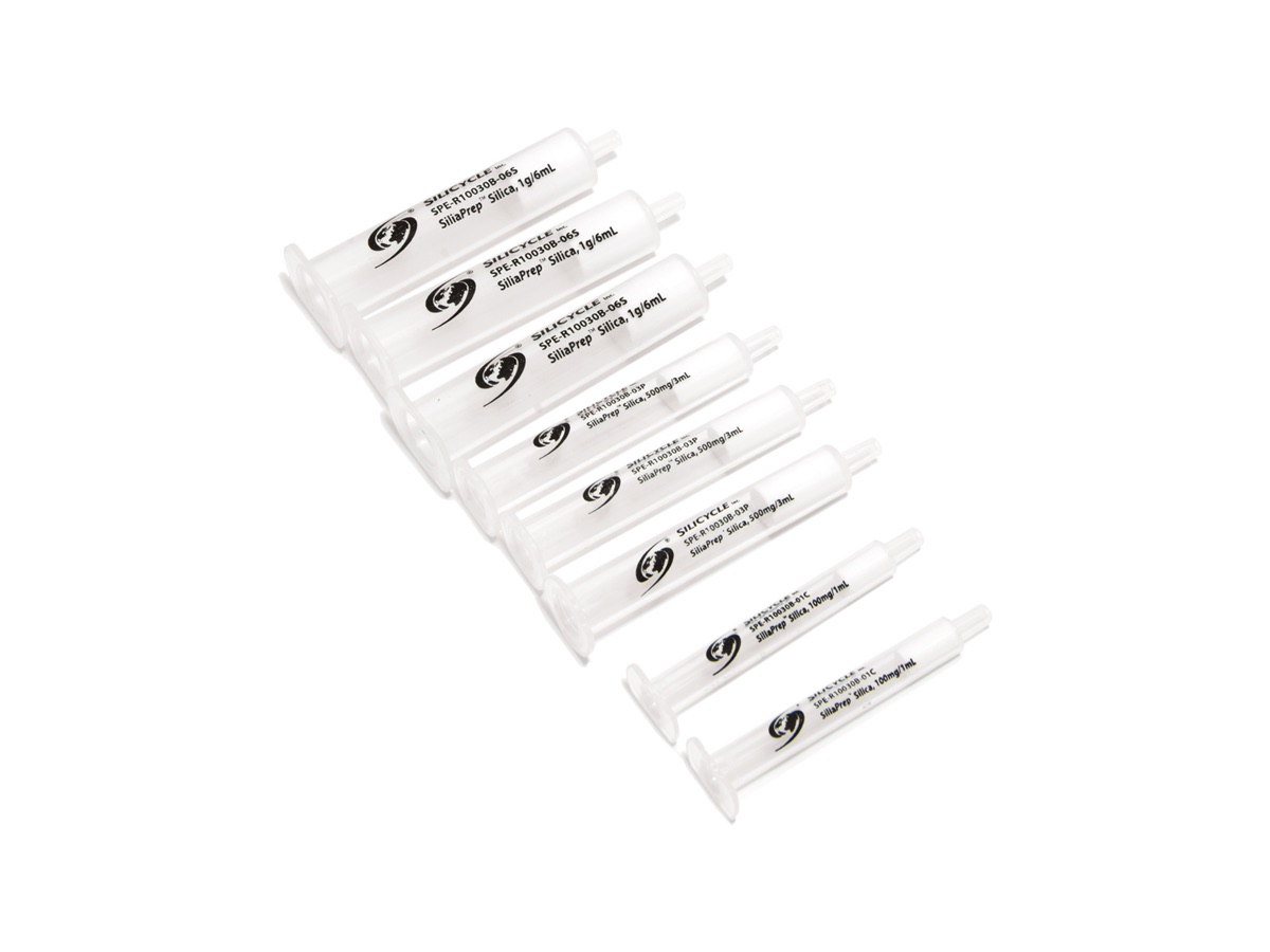 SiliaPrep SPE cartridges, the range of barrel volumes and sorbent weights.