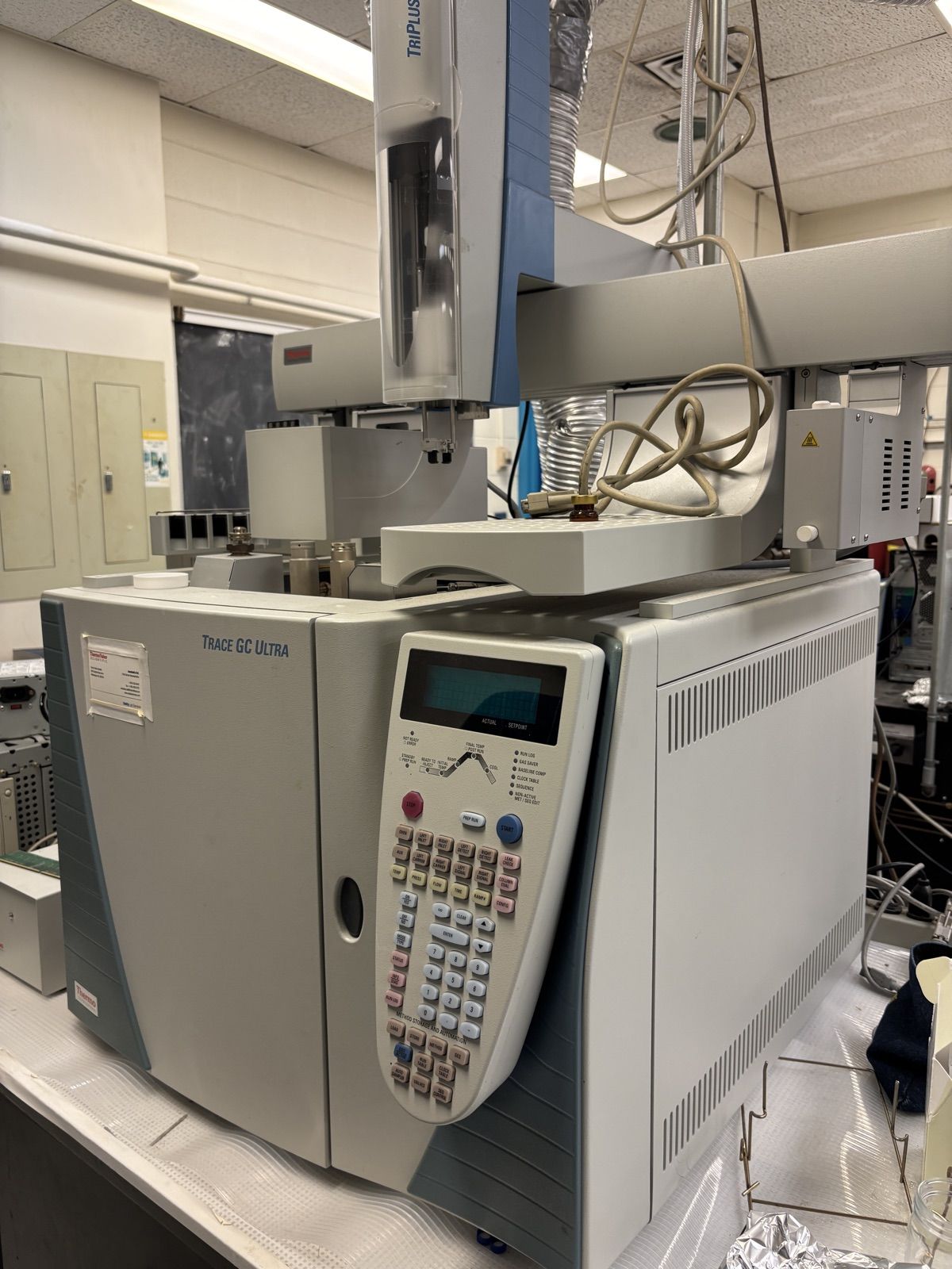 Thermo Trace GC Ultra gas chromatograph with a TriPlus autosampler mounted on top.